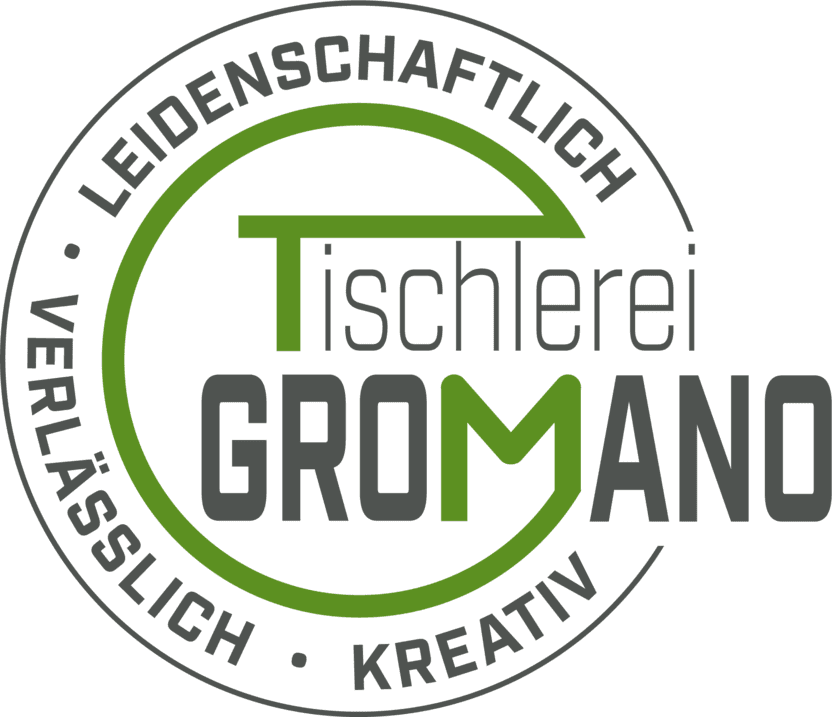 Logo der Tischlerei Gromano mit dem Schriftzug "Leidenschaftlich, Verlässlich, Kreativ" in Schwarz und Grün.